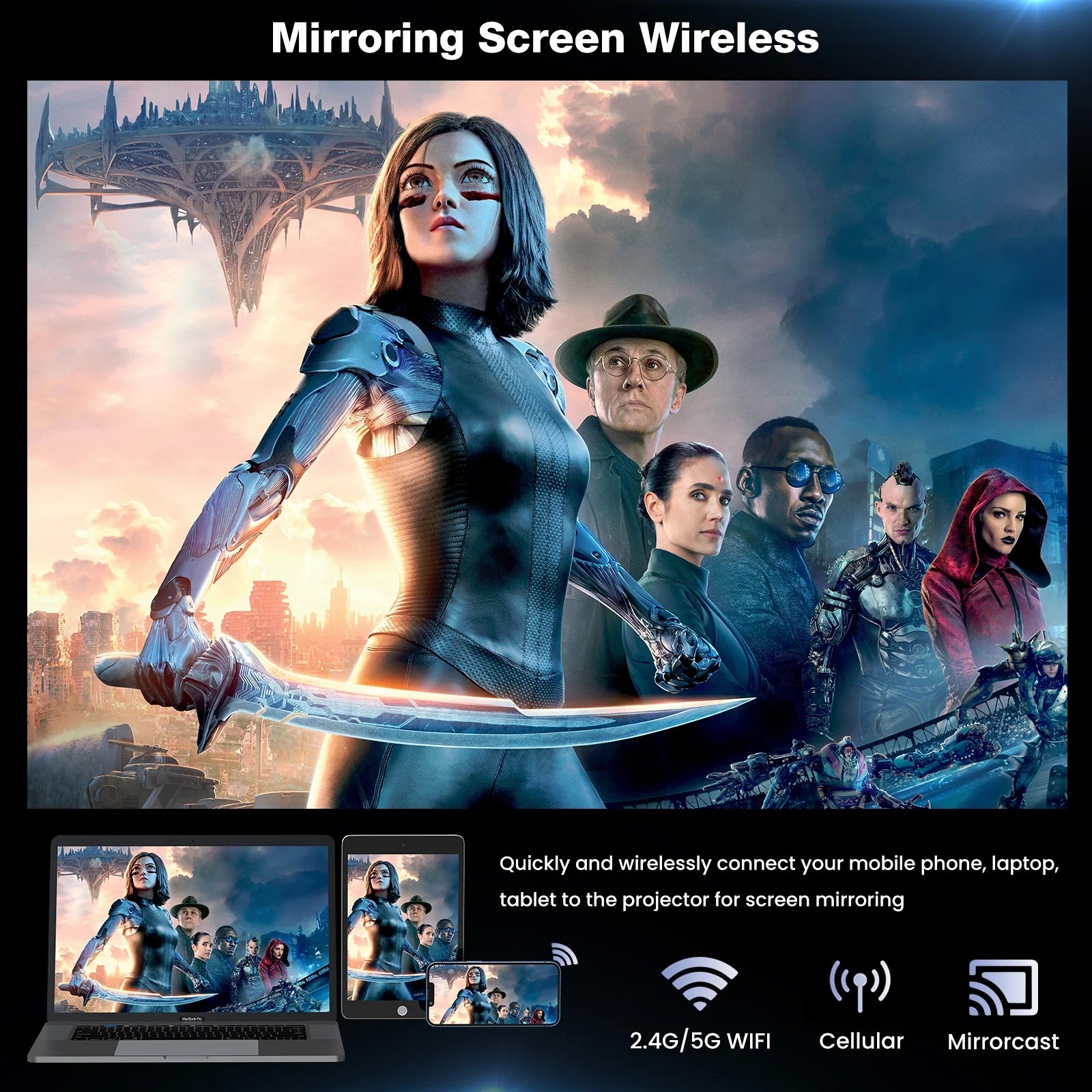 Portable Mini Projector with Wifi and Bluetooth and Speaker, Native 1080P 4K Support Projector for Home Theater, Camping and Outdoor Movies