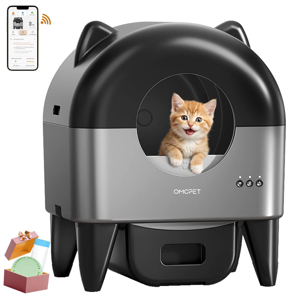 OMCPET Self Cleaning Cat Litter Box, Automatic Smart Litter Box for Multiple Cats with 10 Safety Sensor Radars, 110L Electric Cat Box with App-Control, Odor Control, Quiet Operation, Black