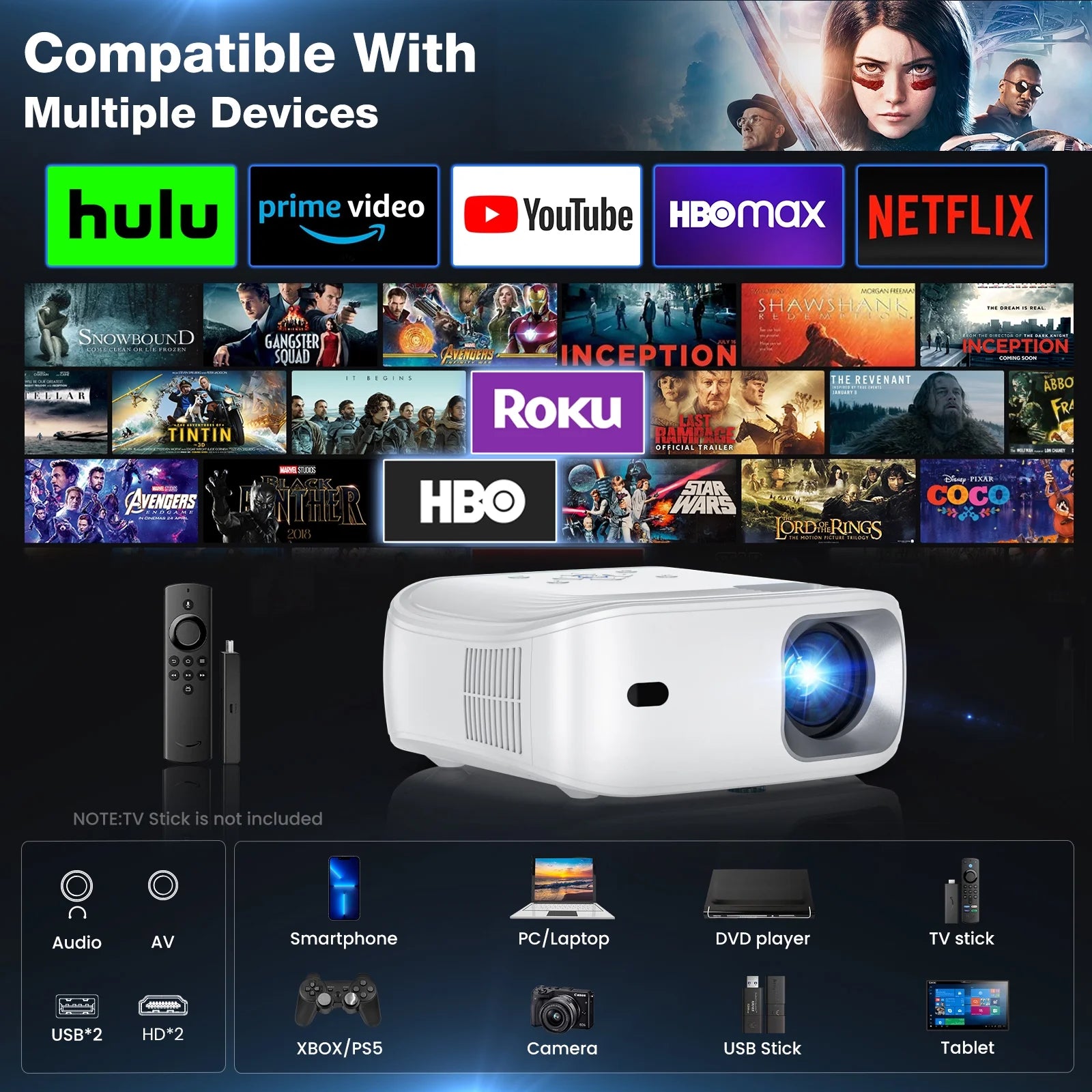Portable Mini Projector with Wifi and Bluetooth and Speaker, Native 1080P 4K Support Projector for Home Theater, Camping and Outdoor Movies